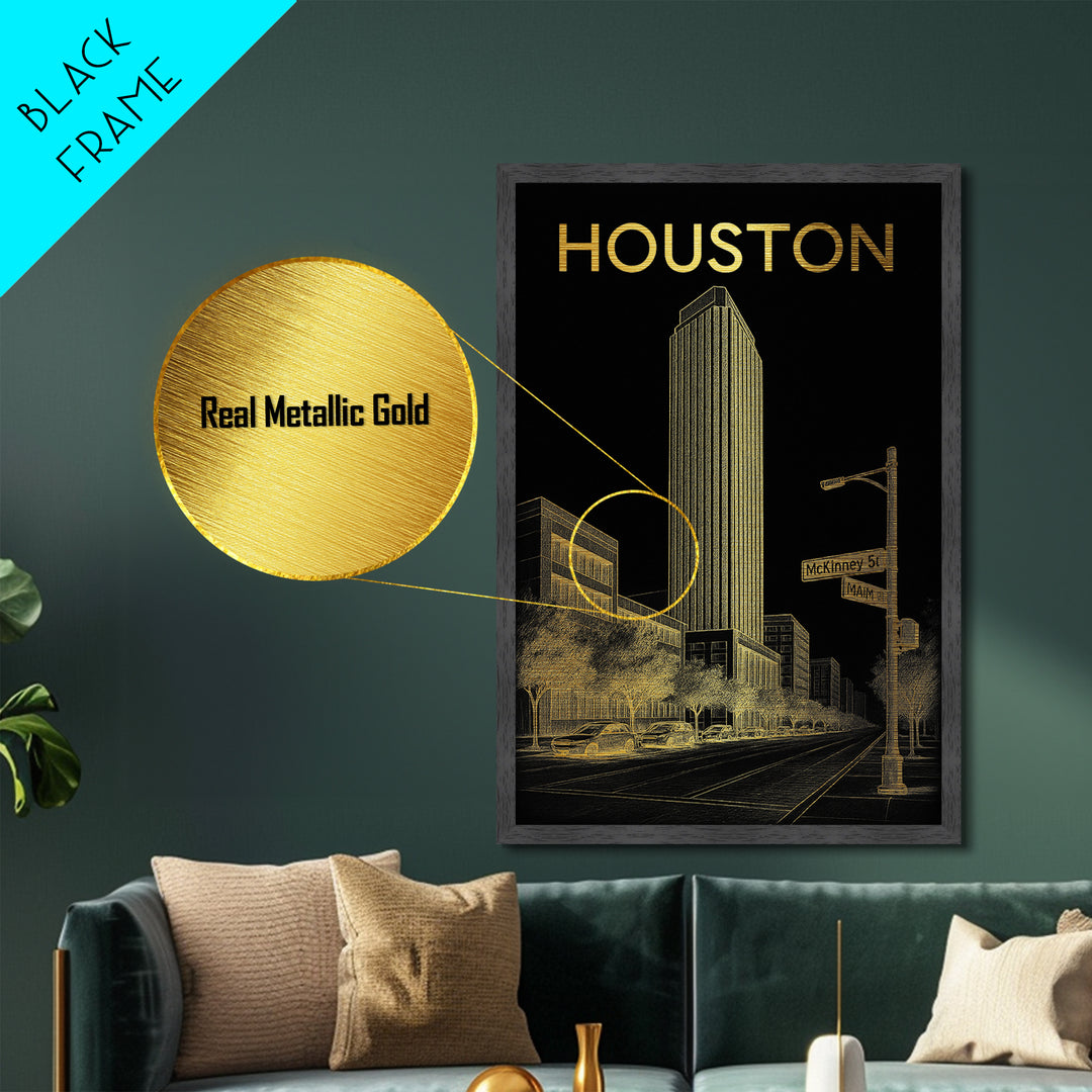 Houston Texas art, Metallic Gold Art, Office Decor, Metal Art, Wood Framed Art, Graduation Travel Gift, Destination Gift