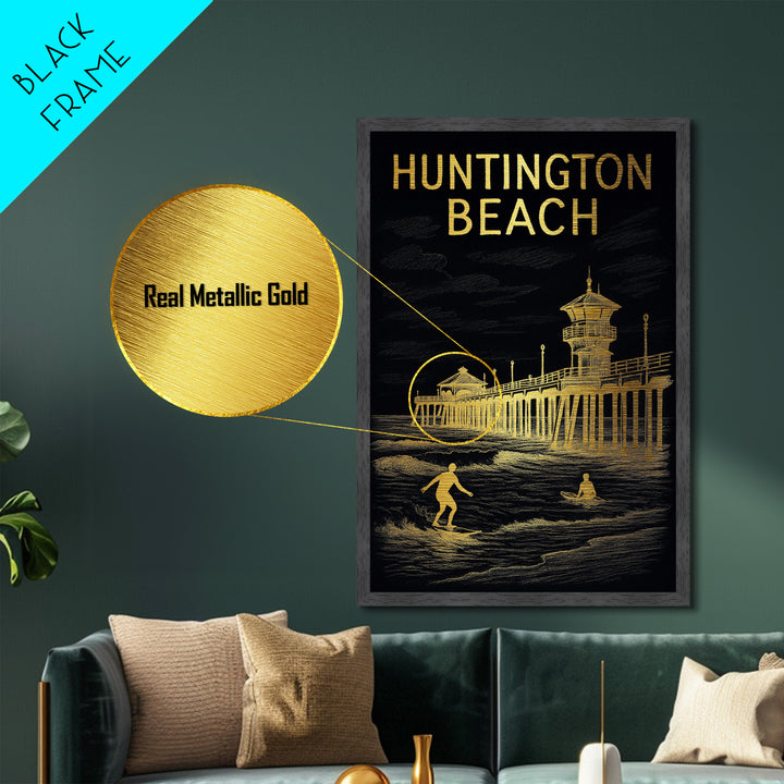 Huntington Beach California travel, Metallic Gold Print, Modern House Art, Metal Art, Wood Framed Art, Wanderlust Gift, Travel Art Prints