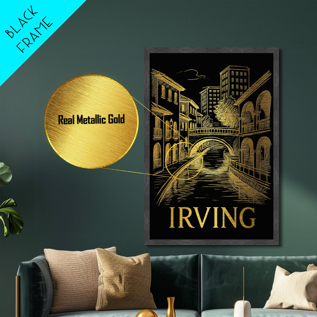 Irving Texas art, Metallic Gold Art, Housewarming Gift, Metal Art, Wood Framed Art, Newlywed Travel Gift, Honeymoon Gift