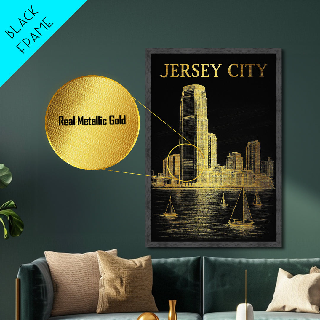 Jersey City New Jersey travel, Metallic Gold Print, Modern House Art, Metal Art, Wood Framed Art, Traveler Gift, Destination Gift