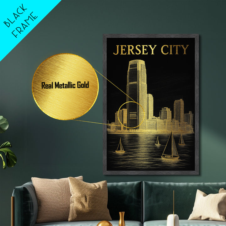 Jersey City New Jersey travel, Metallic Gold Print, Modern House Art, Metal Art, Wood Framed Art, Traveler Gift, Destination Gift