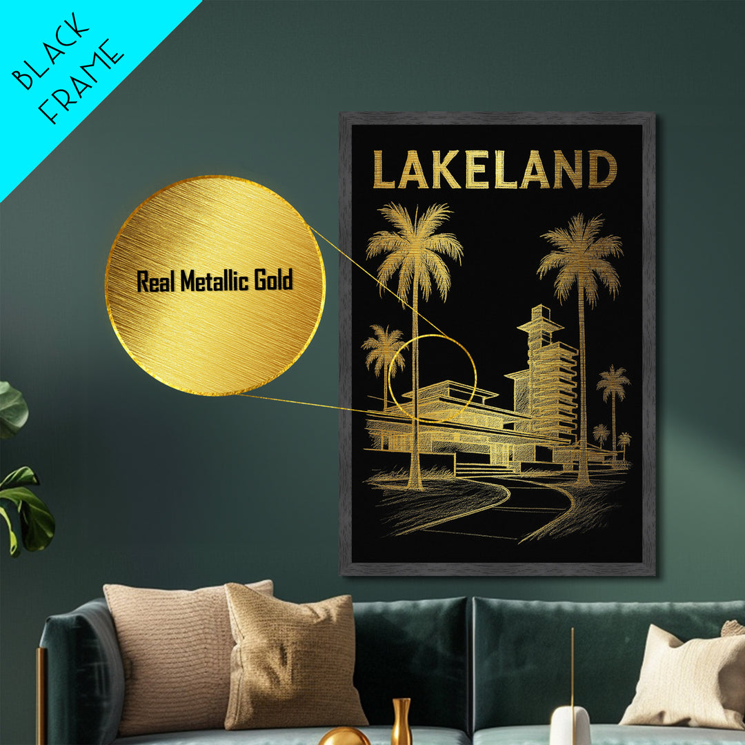 Lakeland Florida travel, Metallic Gold Print, Modern House Art, Metal Art, Wood Framed Art, Wanderlust Gift, Travel Art Prints