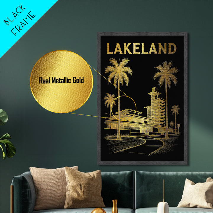 Lakeland Florida travel, Metallic Gold Print, Modern House Art, Metal Art, Wood Framed Art, Wanderlust Gift, Travel Art Prints
