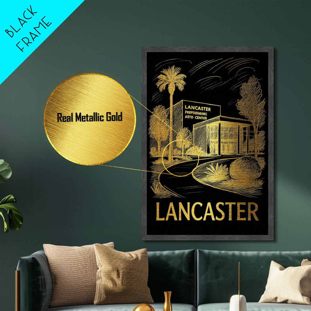 Lancaster California art, Metallic Gold Art, Housewarming Gift, Metal Art, Wood Framed Art, Newlywed Travel Gift, Honeymoon Gift