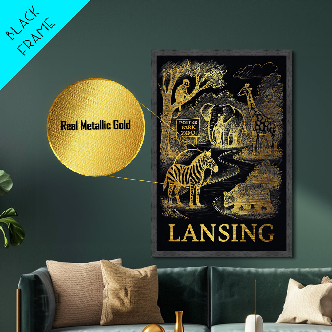 Lansing Michigan art, Metallic Gold Art, Office Decor, Metal Art, Wood Framed Art, Graduation Travel Gift, Destination Gift