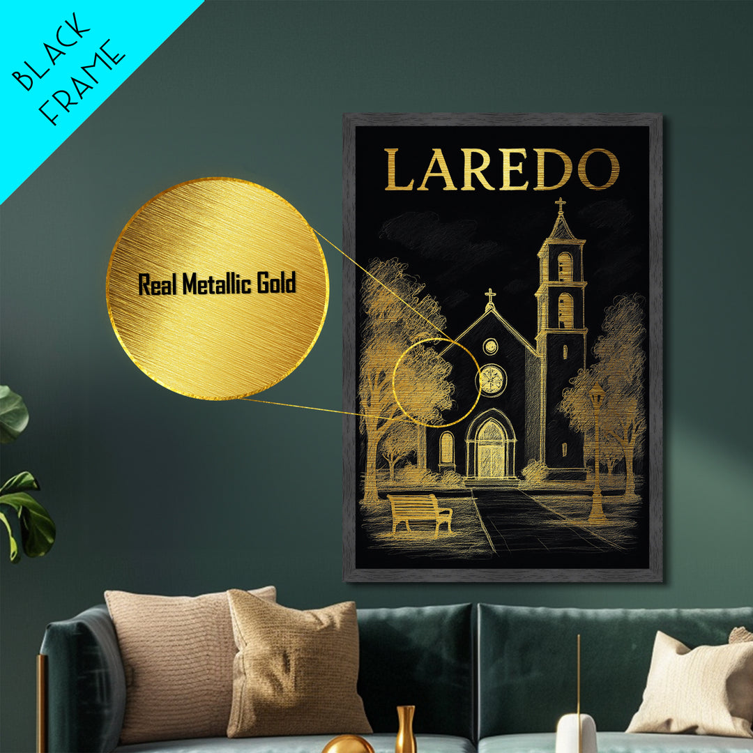Laredo Texas travel, Metallic Gold Print, Modern House Art, Metal Art, Wood Framed Art, Wanderlust Gift, Travel Art Prints
