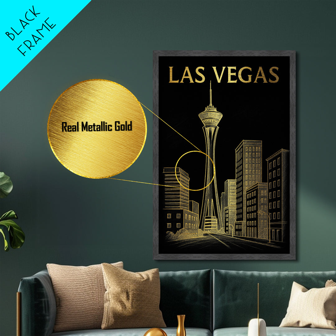 Las Vegas Nevada travel, Metallic Gold Print, Modern Skyline Wall Print, Metal Art, Wood Framed Art, Adventure Lover Gift, Travel Gift