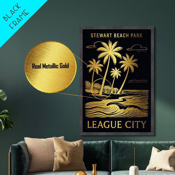 League City Texas art, Metallic Gold Art, Office Decor, Metal Art, Wood Framed Art, Graduation Travel Gift, Destination Gift