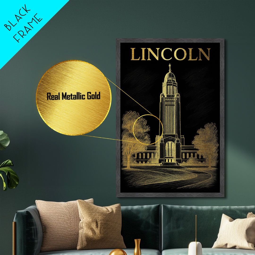 Lincoln Nebraska travel, Metallic Gold Print, Modern Skyline Wall Print, Metal Art, Wood Framed Art, Adventure Lover Gift, Travel Gift