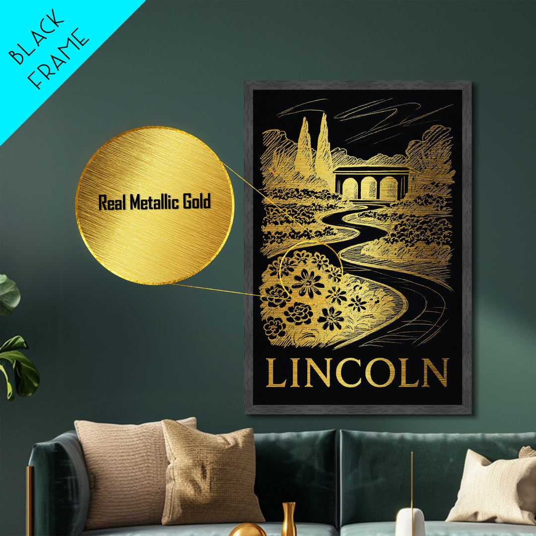 Lincoln Nebraska art, Metallic Gold Art, Housewarming Gift, Metal Art, Wood Framed Art, Newlywed Travel Gift, Honeymoon Gift