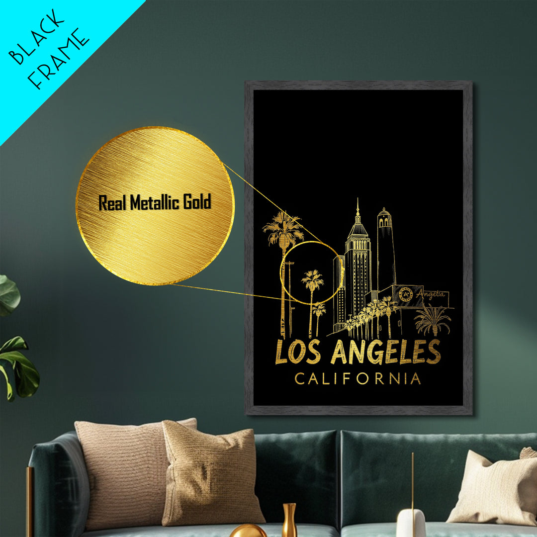 Los Angeles California art, Metallic Gold Art, Housewarming Gift, Metal Art, Wood Framed Art, Newlywed Travel Gift, Honeymoon Gift