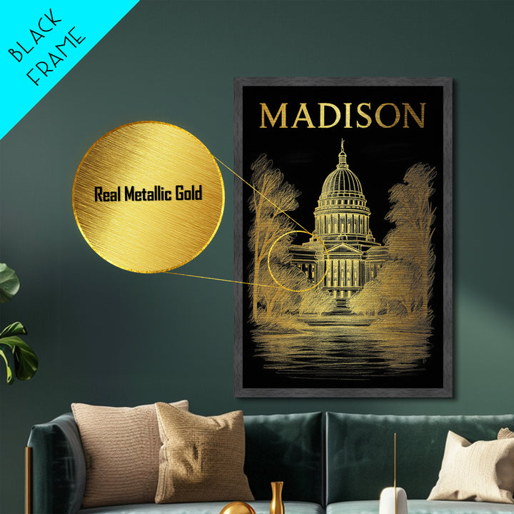 Madison Wisconsin travel, Metallic Gold Print, Modern House Art, Metal Art, Wood Framed Art, Wanderlust Gift