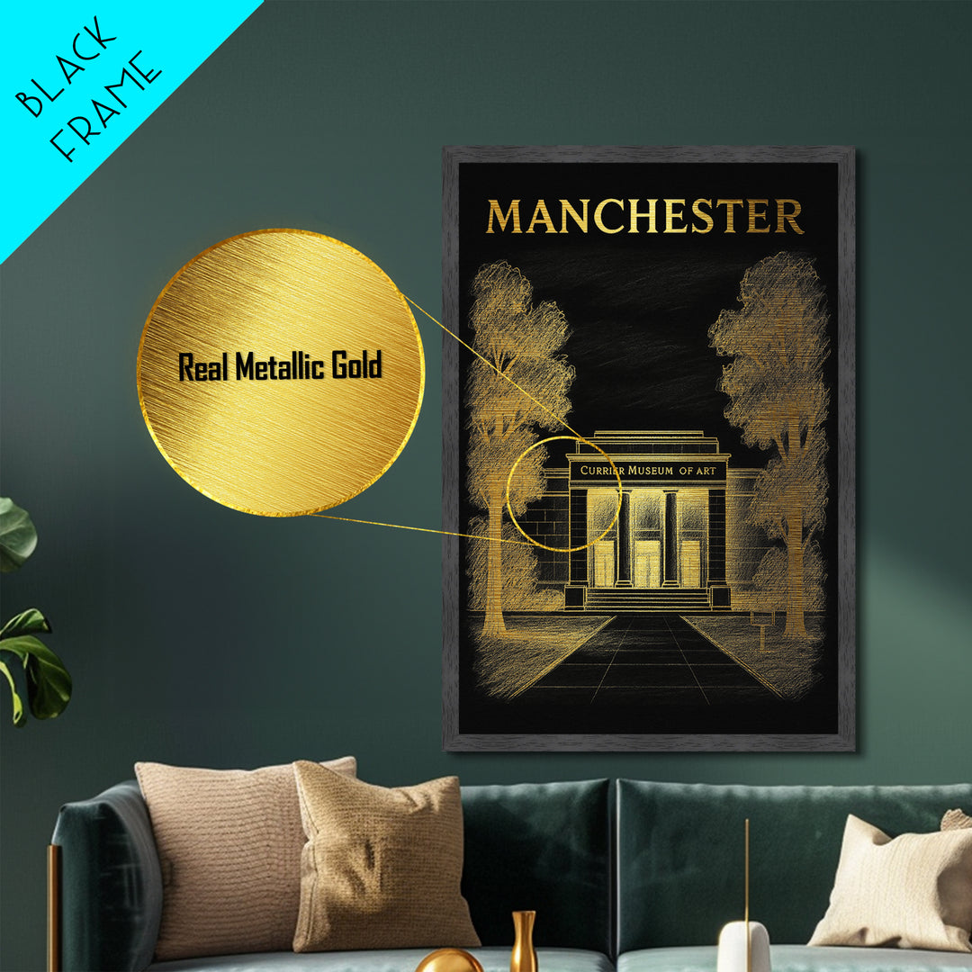 Manchester New Hampshire travel, Metallic Gold Print, Modern House Art, Metal Art, Wood Framed Art, Traveler Gift