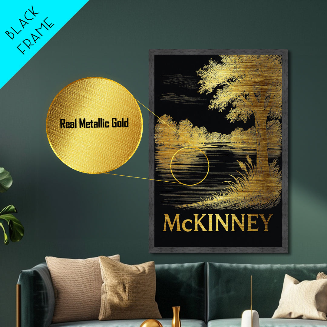 McKinney Texas art, Metallic Gold Art, Housewarming Gift, Metal Art, Wood Framed Art, Newlywed Travel Gift