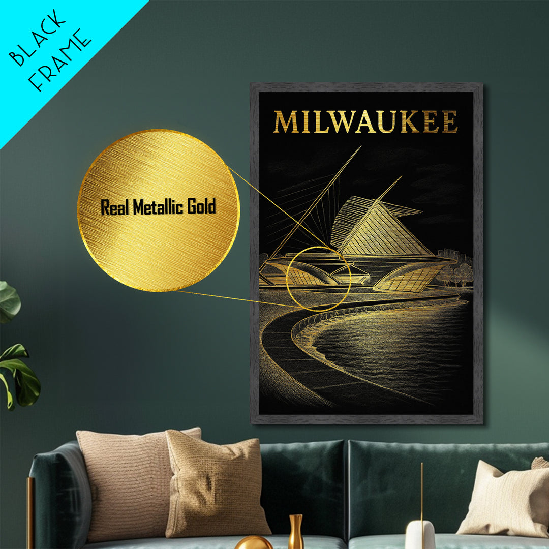 Milwaukee Wisconsin travel, Metallic Gold Print, College Dorm Décor, Metal Art, Wood Framed Art, Graduation Travel Gift