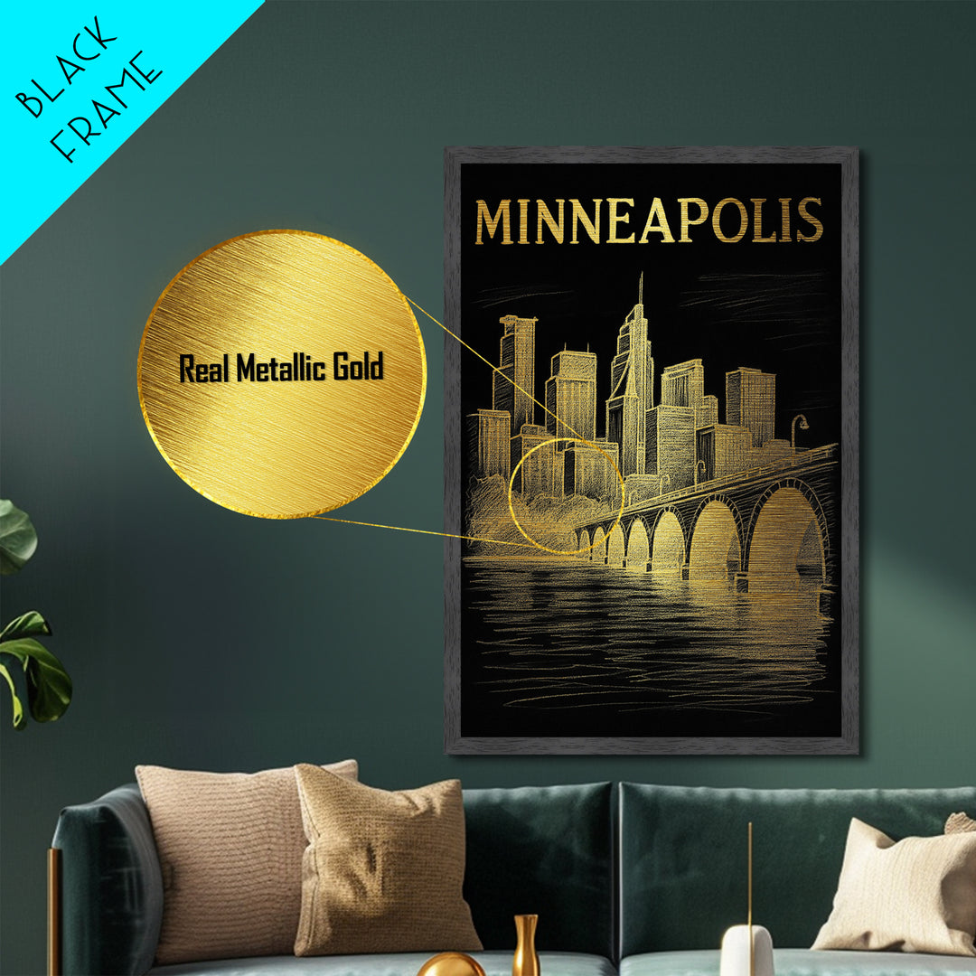 Minneapolis Minnesota travel, Metallic Gold Print, Modern Skyline Wall Print, Metal Art, Wood Framed Art, Adventure Lover Gift