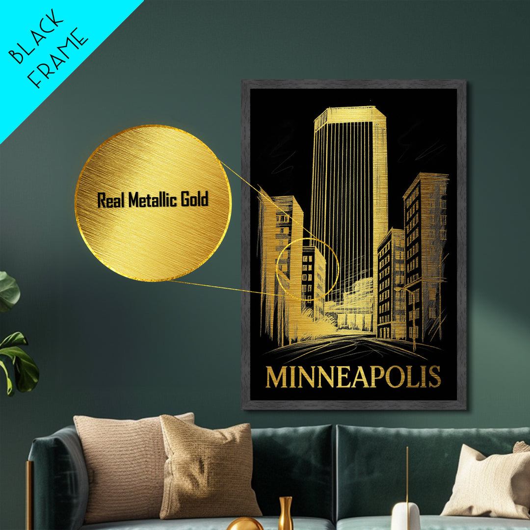Minneapolis Minnesota art, Metallic Gold Art, Housewarming Gift, Metal Art, Wood Framed Art, Newlywed Travel Gift