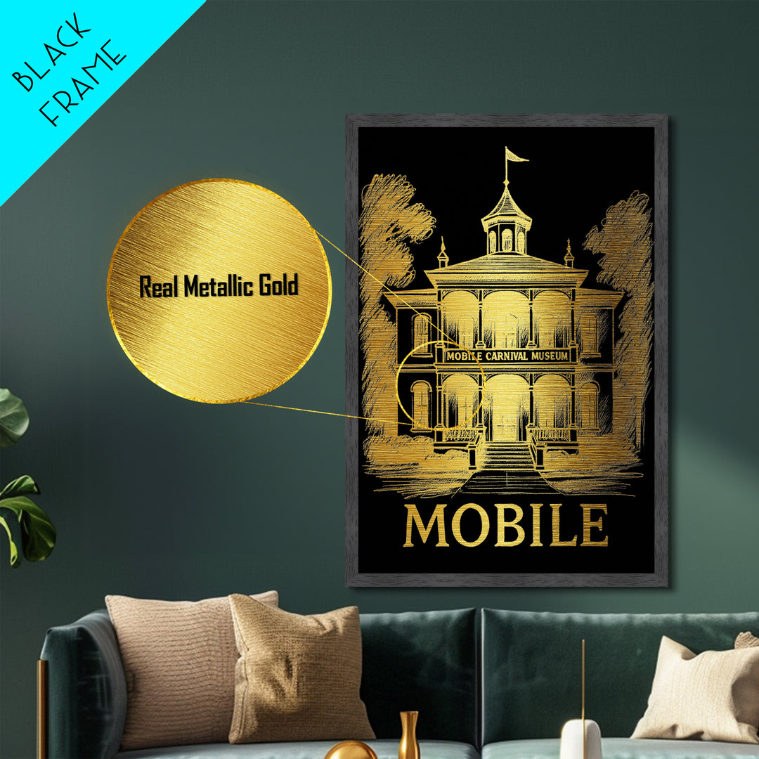 Mobile Alabama art, Metallic Gold Art, Travel Art Prints, Metal Art, Wood Framed Art, Adventure Lover Gift