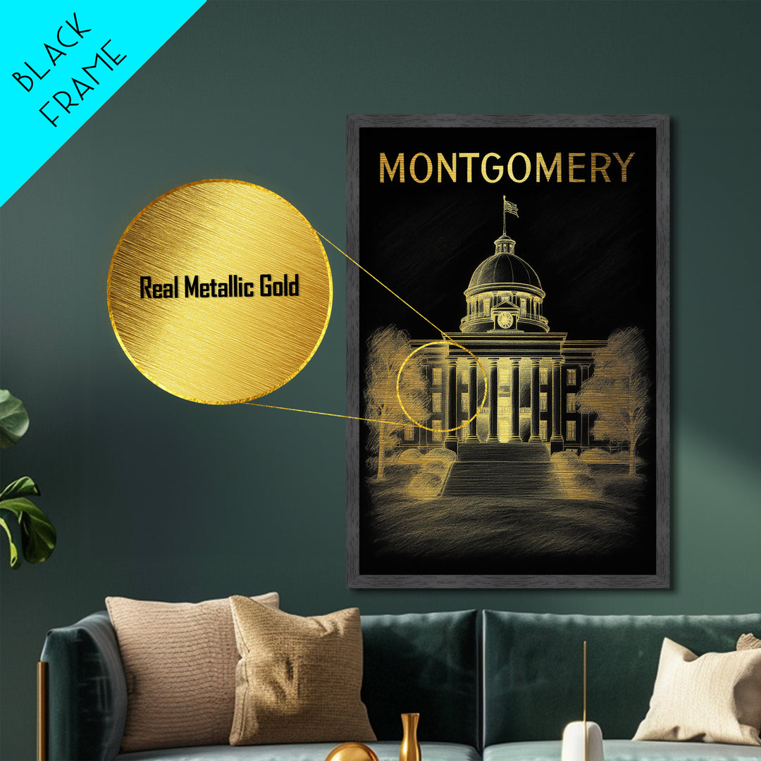 Montgomery Alabama travel, Metallic Gold Print, College Dorm Décor, Metal Art, Wood Framed Art, Graduation Travel Gift
