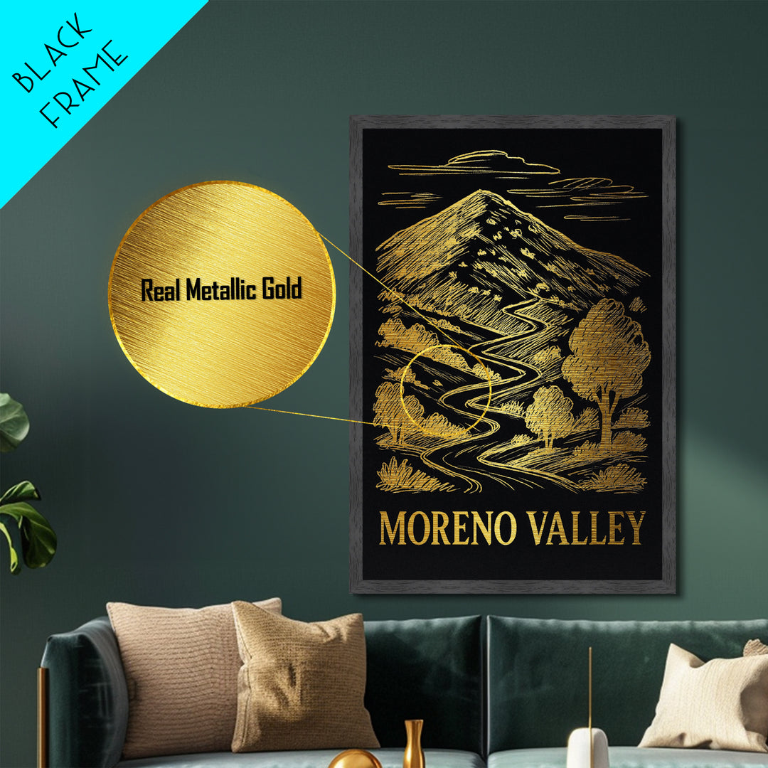 Moreno Valley California art, Metallic Gold Art, Housewarming Gift, Metal Art, Wood Framed Art, Newlywed Travel Gift