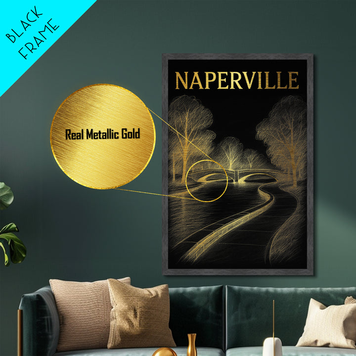 Naperville Illinois travel, Metallic Gold Print, College Dorm Décor, Metal Art, Wood Framed Art, Graduation Travel Gift, Traveler Gift