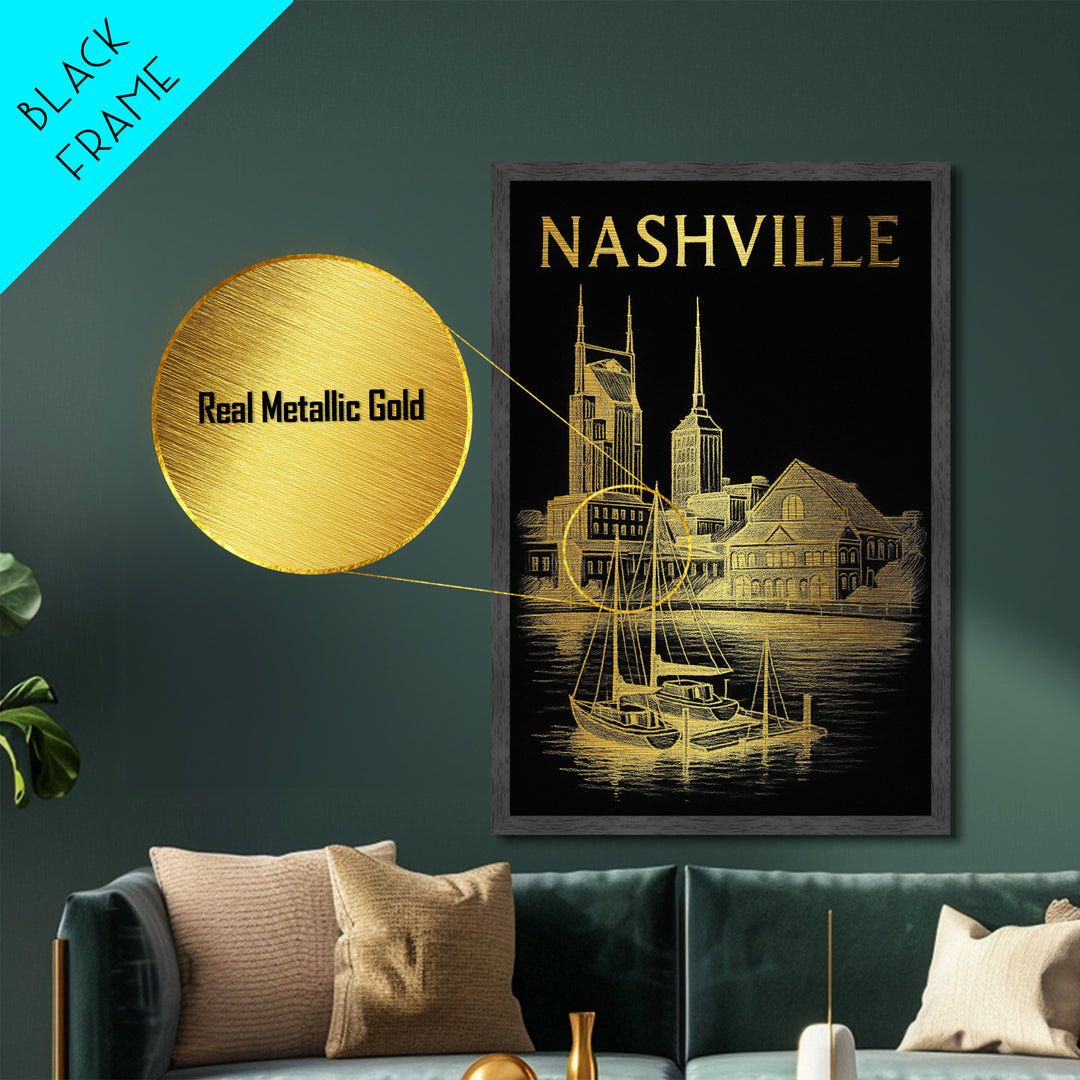 Nashville Tennessee travel, Metallic Gold Print, Modern Skyline Wall Print, Metal Art, Wood Framed Art, Adventure Lover Gift, Travel Gift