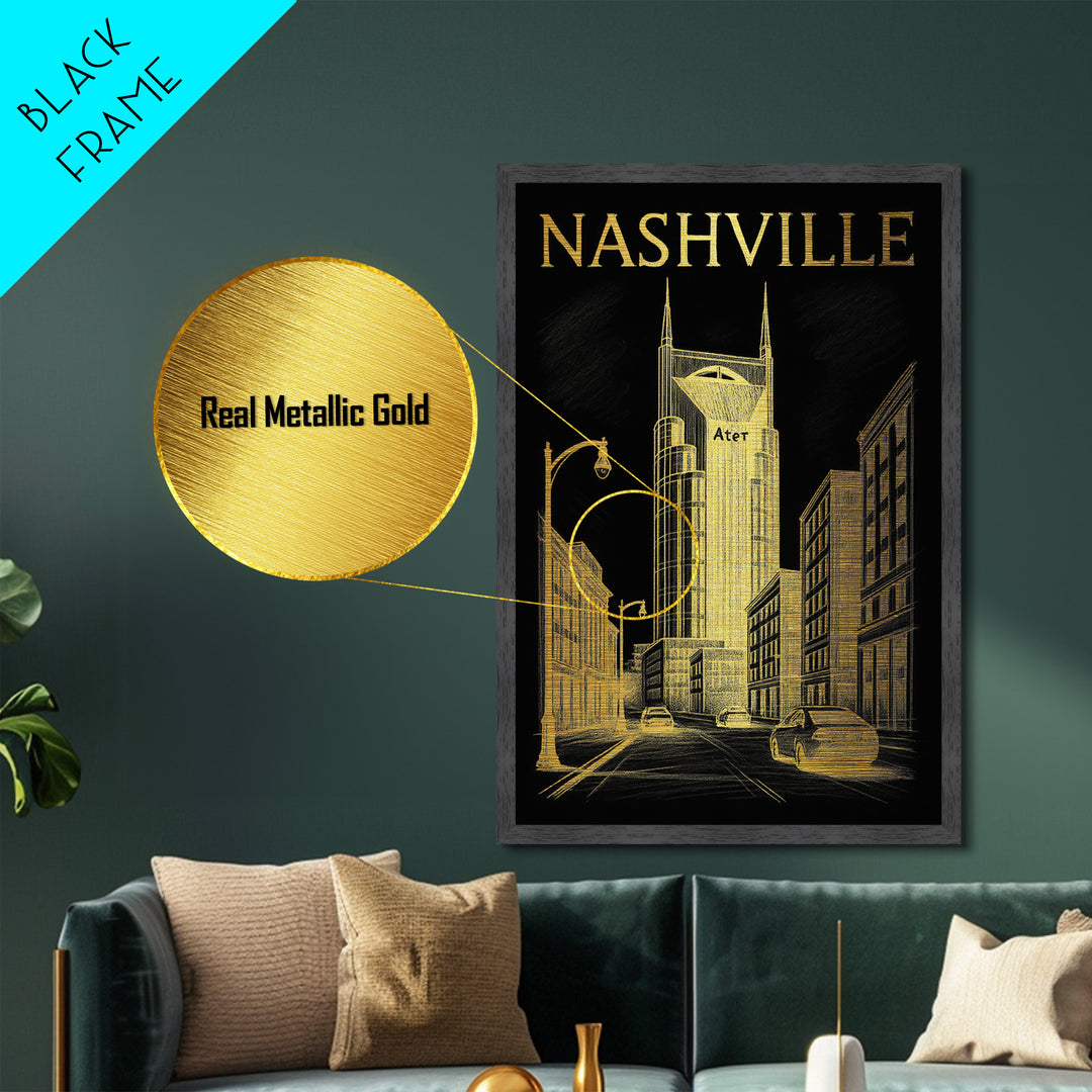 Nashville Tennessee travel, Metallic Gold Print, Closing Gift, Metal Art, Wood Framed Art, Anniversary Travel Gift, Retirement Travel Gift