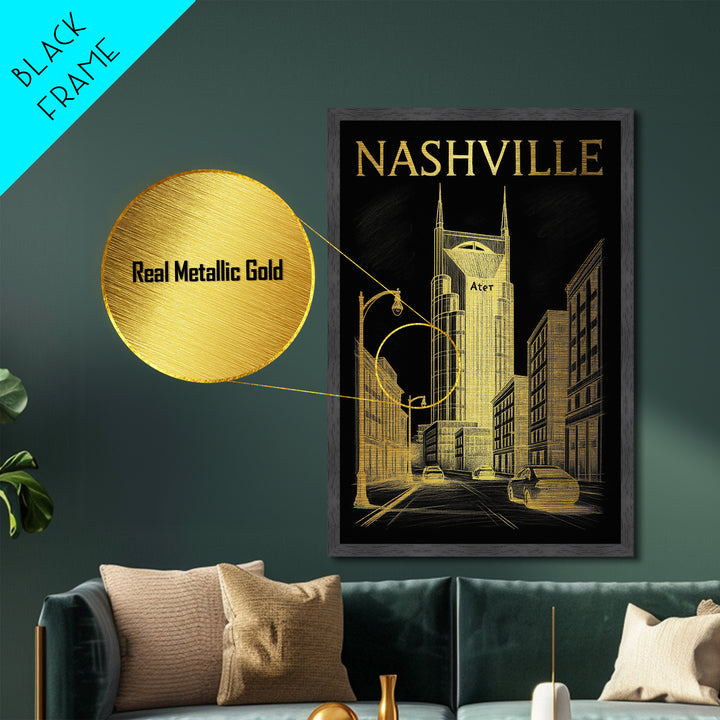 Nashville Tennessee travel, Metallic Gold Print, Closing Gift, Metal Art, Wood Framed Art, Anniversary Travel Gift, Retirement Travel Gift