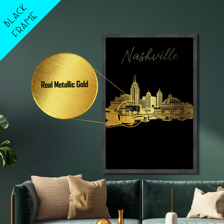 Nashville Tennessee art, Metallic Gold Art, Office Decor, Metal Art, Wood Framed Art, Graduation Travel Gift, Destination Gift