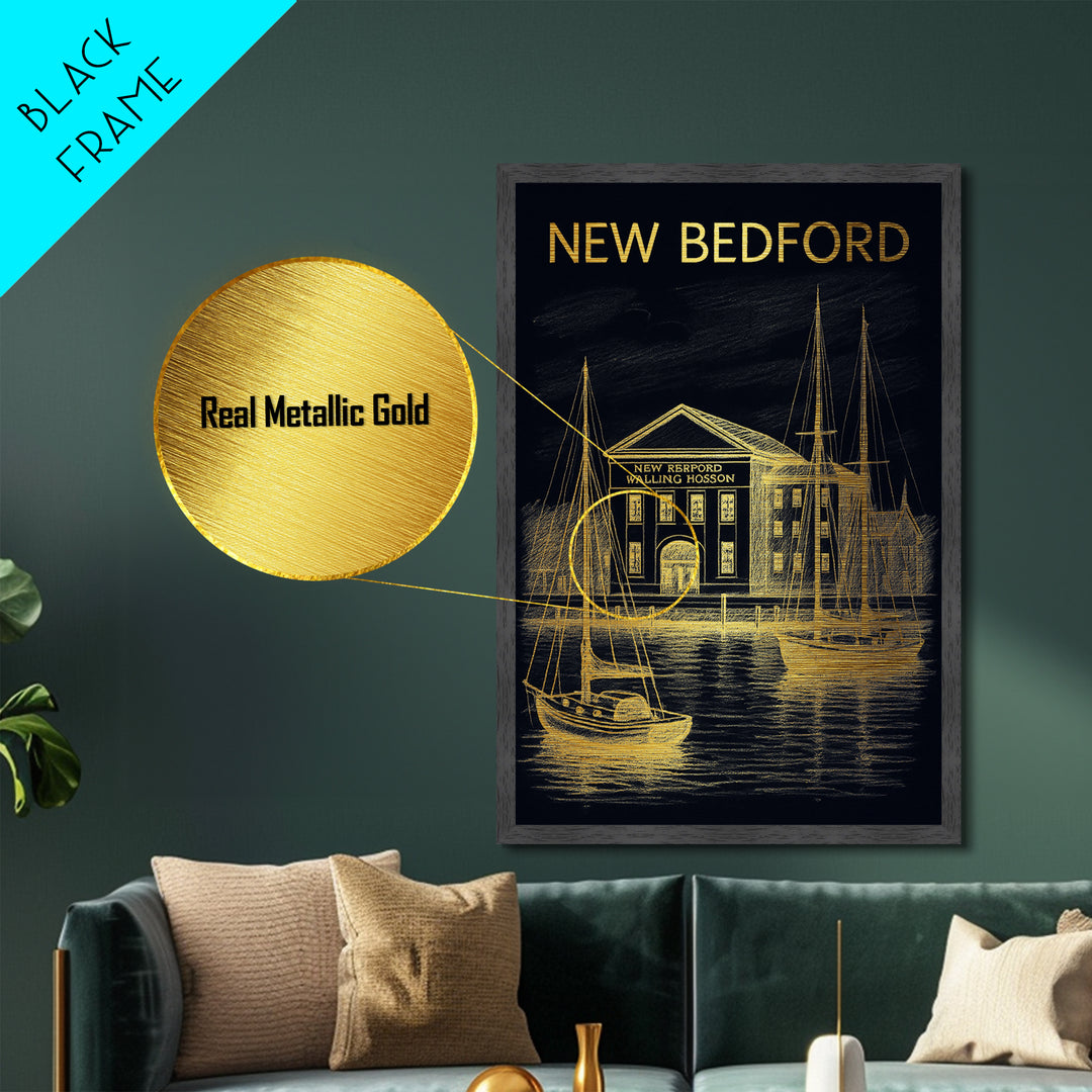 New Bedford Massachusetts art, Metallic Gold Art, Modern House Art, Metal Art, Wood Framed Art, Graduation Travel Gift, Travel Gift