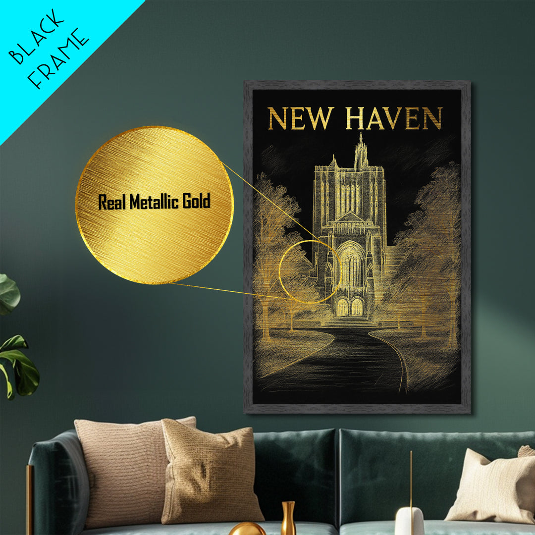 New Haven Connecticut art, Metallic Gold Art, Housewarming Gift, Metal Art, Wood Framed Art, Newlywed Travel Gift, Honeymoon Gift