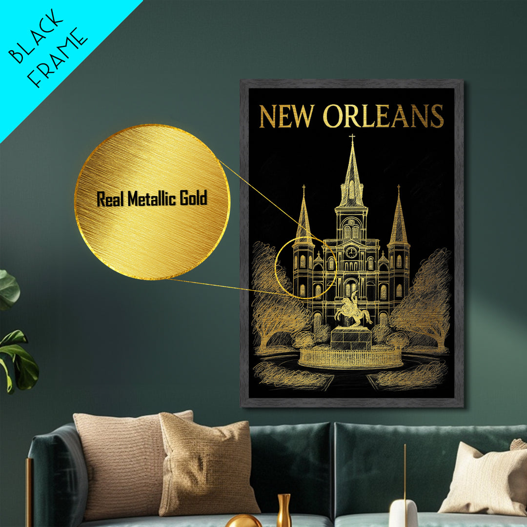 New Orleans Louisiana art, Metallic Gold Art, Office Decor, Metal Art, Wood Framed Art, Graduation Travel Gift, Destination Gift