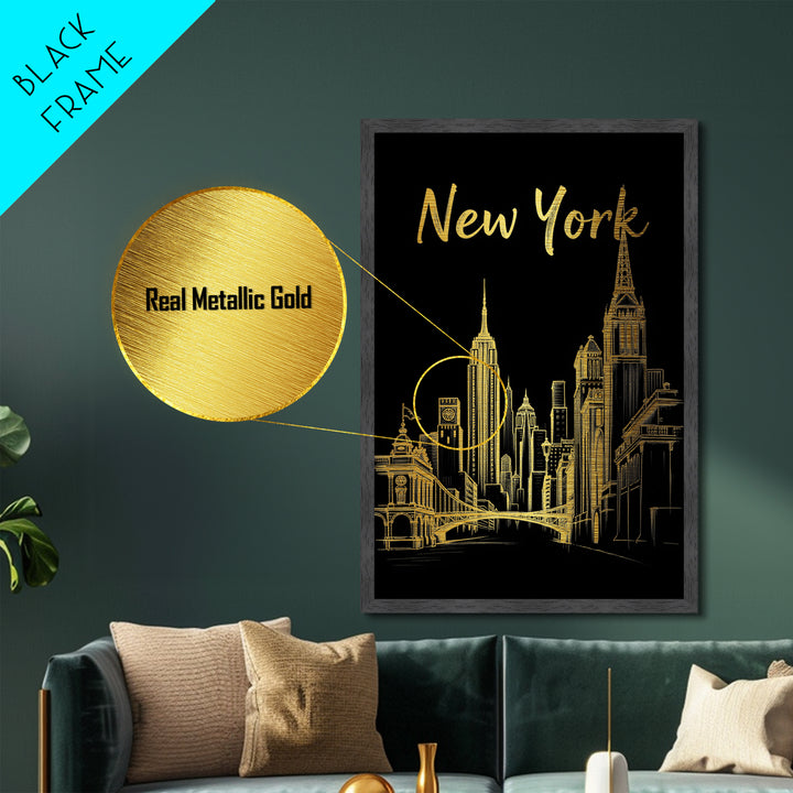 New York New York art, Metallic Gold Art, Housewarming Gift, Metal Art, Wood Framed Art, Newlywed Travel Gift, Honeymoon Gift