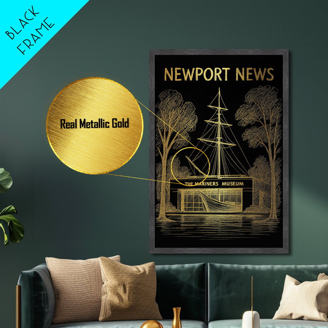 Newport News Virginia art, Metallic Gold Art, Travel Art Prints, Metal Art, Wood Framed Art, Adventure Lover Gift, Traveler Gift