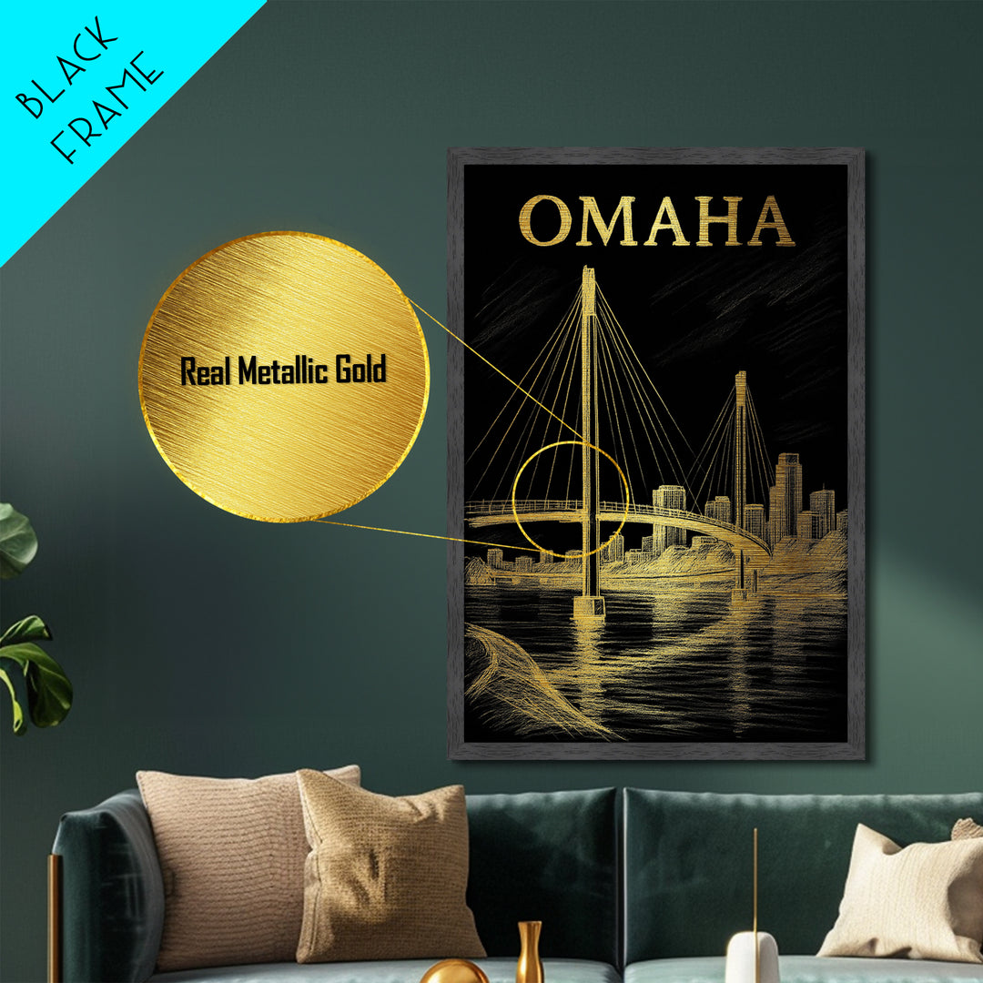 Omaha Nebraska travel, Metallic Gold Print, Modern House Art, Metal Art, Wood Framed Art, Traveler Gift, Destination Gift
