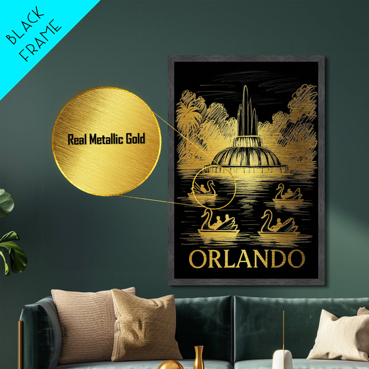 Orlando Florida art, Metallic Gold Art, Office Decor, Metal Art, Wood Framed Art, Graduation Travel Gift, Destination Gift