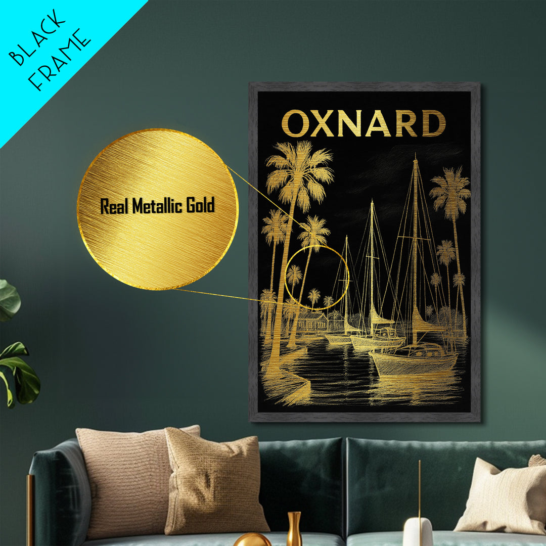 Oxnard California travel, Metallic Gold Print, Modern House Art, Metal Art, Wood Framed Art, Traveler Gift, Destination Gift