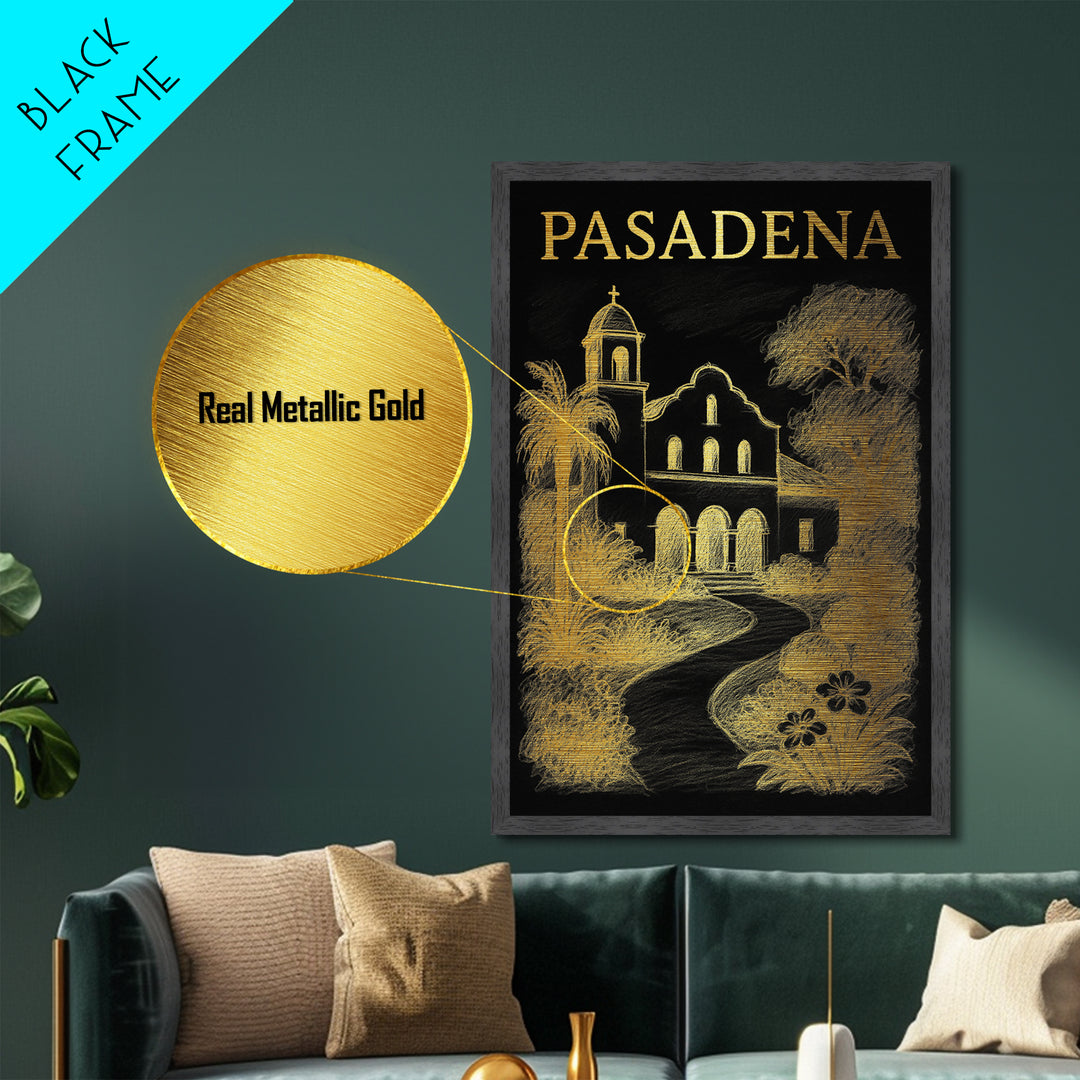 Pasadena California travel, Metallic Gold Print, Closing Gift, Metal Art, Wood Framed Art, Anniversary Travel Gift, Retirement Travel Gift