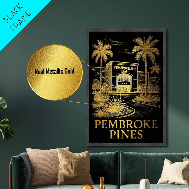 Pembroke Pines Florida art, Metallic Gold Art, Housewarming Gift, Metal Art, Wood Framed Art, Newlywed Travel Gift, Honeymoon Gift