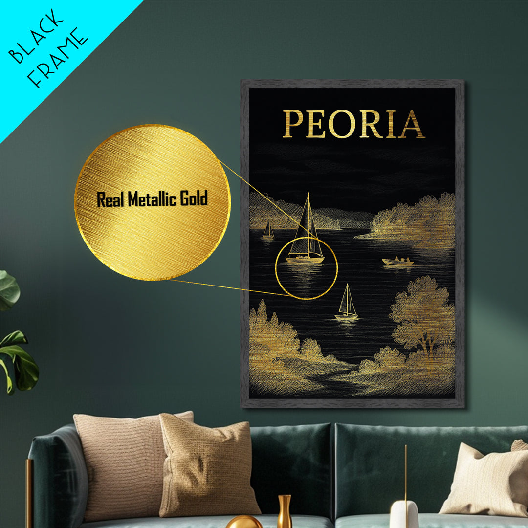 Peoria Illinois travel, Metallic Gold Print, Closing Gift, Metal Art, Wood Framed Art, Anniversary Travel Gift, Retirement Travel Gift
