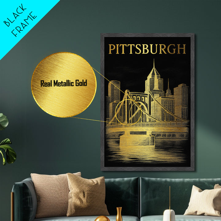 Pittsburgh Pennsylvania travel, Metallic Gold Print, Modern Skyline Wall Print, Metal Art, Wood Framed Art, Adventure Lover Gift