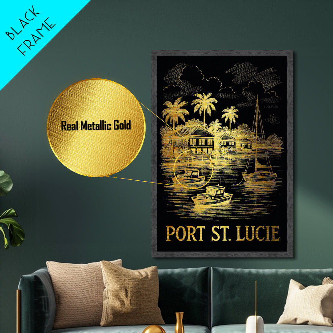 Port St Lucie Florida art, Metallic Gold Art, Housewarming Gift, Metal Art, Wood Framed Art, Newlywed Travel Gift, Honeymoon Gift
