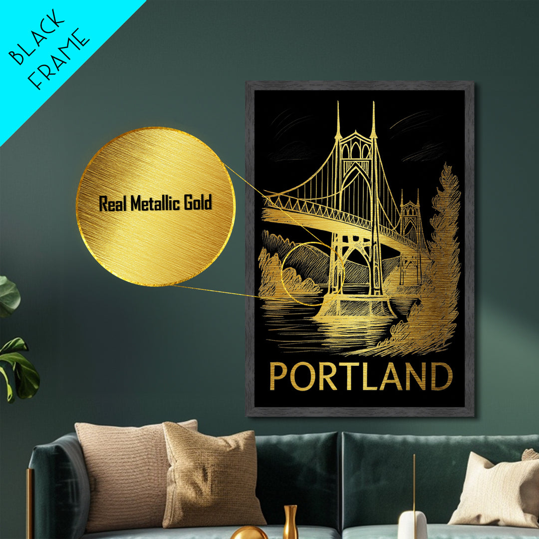 Portland Oregon art, Metallic Gold Art, Best Friend Gifts, Metal Art, Wood Framed Art, Birthday Travel Gift, Destination Gift