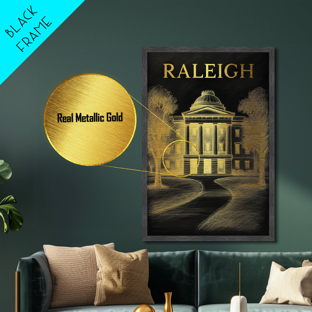 Raleigh North Carolina travel, Metallic Gold Print, Modern Skyline Wall Print, Metal Art, Wood Framed Art, Adventure Lover Gift, Travel Gift