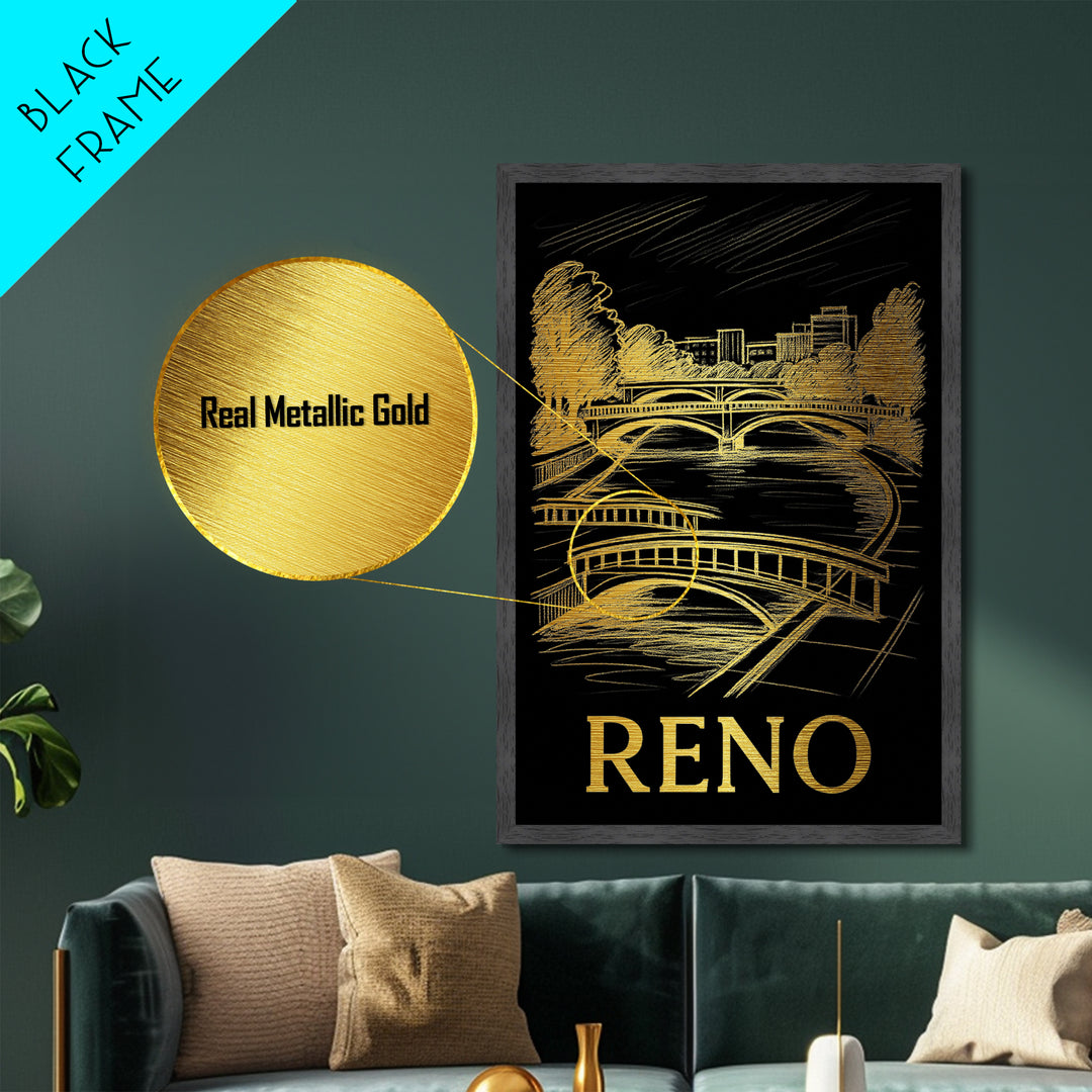 Reno Nevada art, Metallic Gold Art, Travel Art Prints, Metal Art, Wood Framed Art, Adventure Lover Gift, Traveler Gift