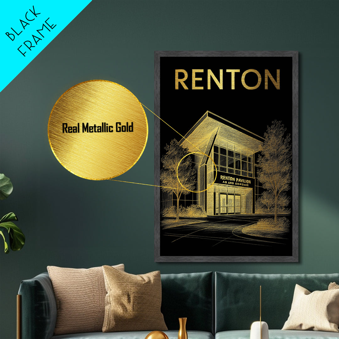 Renton Washington travel, Metallic Gold Print, Modern House Art, Metal Art, Wood Framed Art, Traveler Gift, Destination Gift