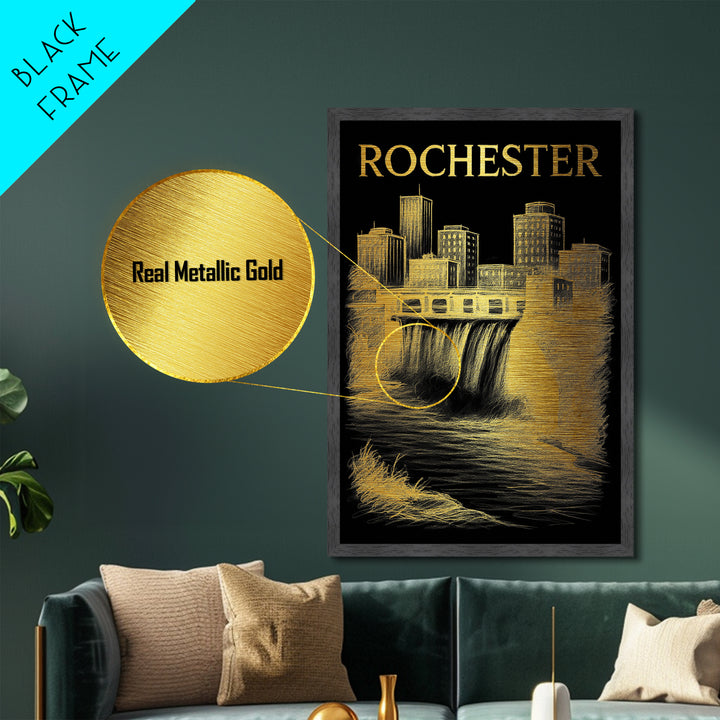 Rochester New York travel, Metallic Gold Print, Modern Skyline Wall Print, Metal Art, Wood Framed Art, Adventure Lover Gift, Travel Gift