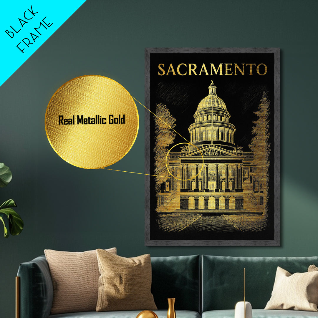 Sacramento California travel, Metallic Gold Print, Modern Skyline Wall Print, Metal Art, Wood Framed Art, Adventure Lover Gift, Travel Gift