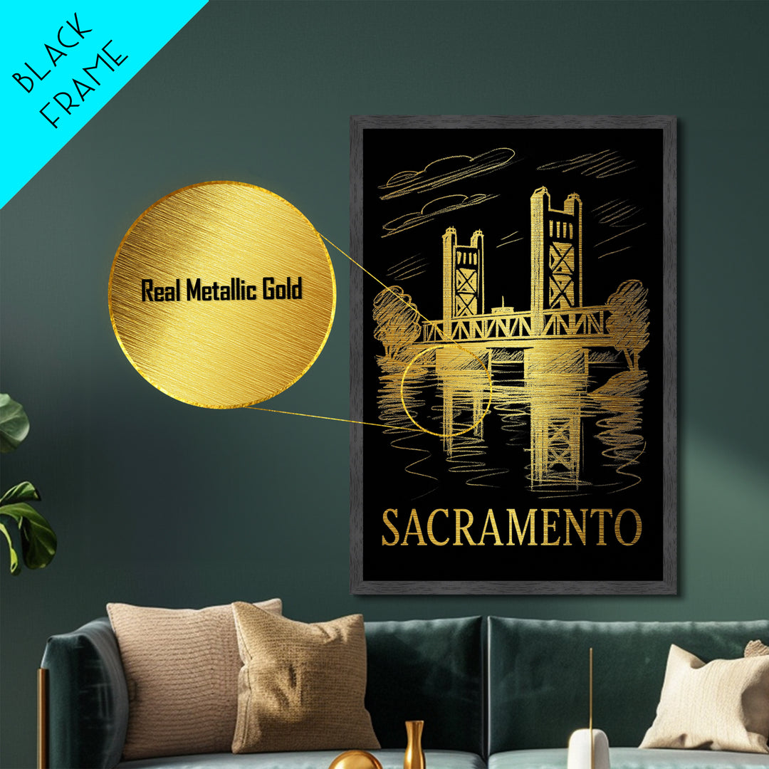 Sacramento California art, Metallic Gold Art, Housewarming Gift, Metal Art, Wood Framed Art, Newlywed Travel Gift, Honeymoon Gift