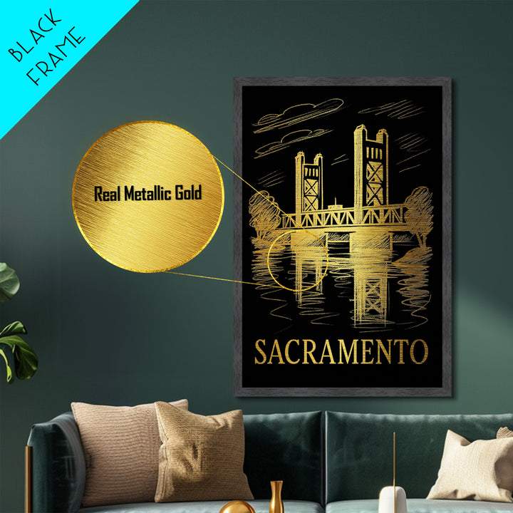 Sacramento California art, Metallic Gold Art, Housewarming Gift, Metal Art, Wood Framed Art, Newlywed Travel Gift, Honeymoon Gift